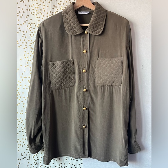 Vintage Tops - Women's 100% Silk Hand Embroidered Quilted Olive Green Button Down Blouse size L
